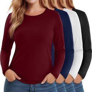 4 Pack Women's Plus Size Long Sleeve Shirts Crew Neck Casual Tops